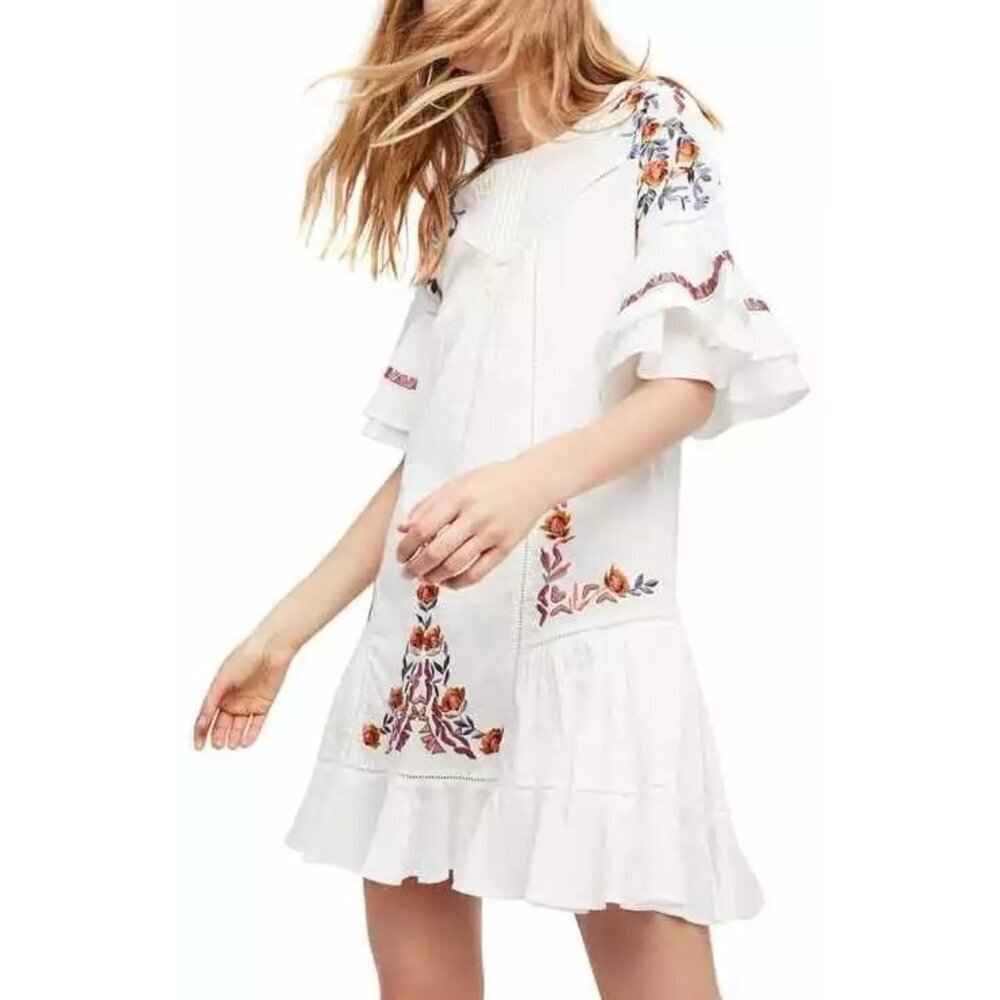 Free People Pavlo Floral‎ Embroidered Dress Womens S White Boho Mini Babydoll